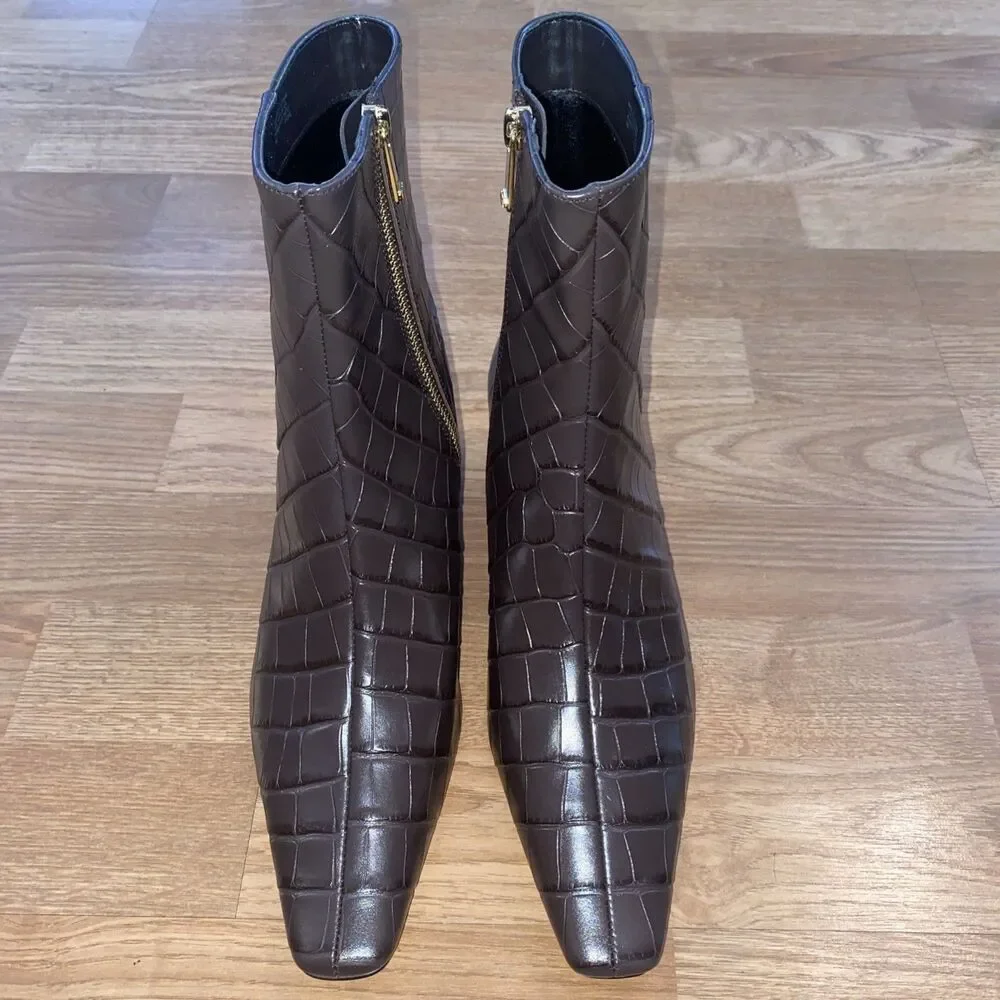 Michael Kors Cosmo Croc Leather Kitten Heel ankle Booties Chocolate Brown size 8